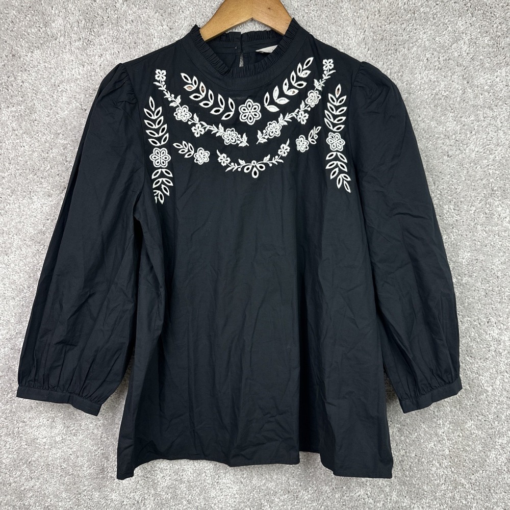LOFT Womens Black White Embroidered Floral Peasant 3/4 Sleeve Blouse Top Size S